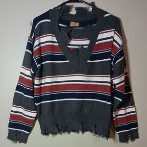 POL Distressed Gray Striped Sweater